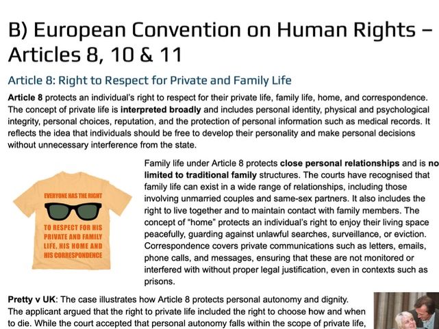 A Level Law: Human Rights - Notes on Articles 8, 10 & 11 (WJEC/OCR/AQA)