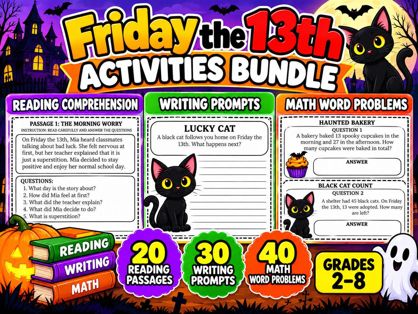 Friday the 13th Activities Bundle | Reading Comprehension, Writing Prompts and Math Worksheets