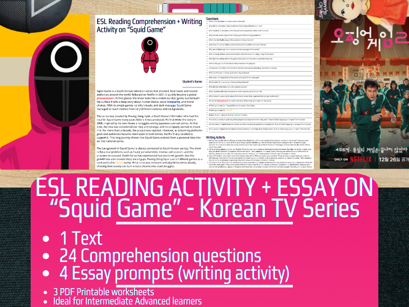 ESL Reading Comprehension + Writing Activity - Squid Game - Korean TV Series