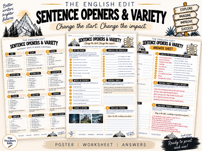 Sentence Openers & Variety | KS2 English Writing Worksheet, Poster & Answers