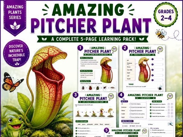 Amazing Pitcher Plant | Plant Science Worksheets | 5-Page Activity| Grade 2-4