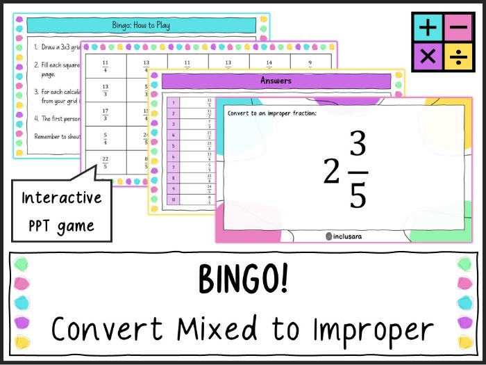 Convert Mixed Numbers to Improper Fractions Bingo Game, Whole Class Fractions Revision