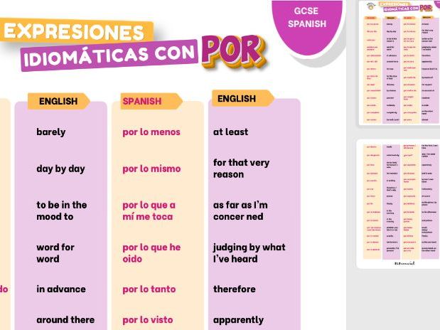 Spanish Idiomatic Expressions with POR/PARA Vocabulary List | GCSE Spanish