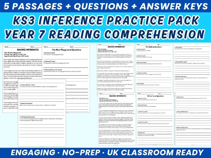 KS3 Year 7 Inference Practice | 5 Unseen Reading Comprehension Passages | Questions + Answer keys
