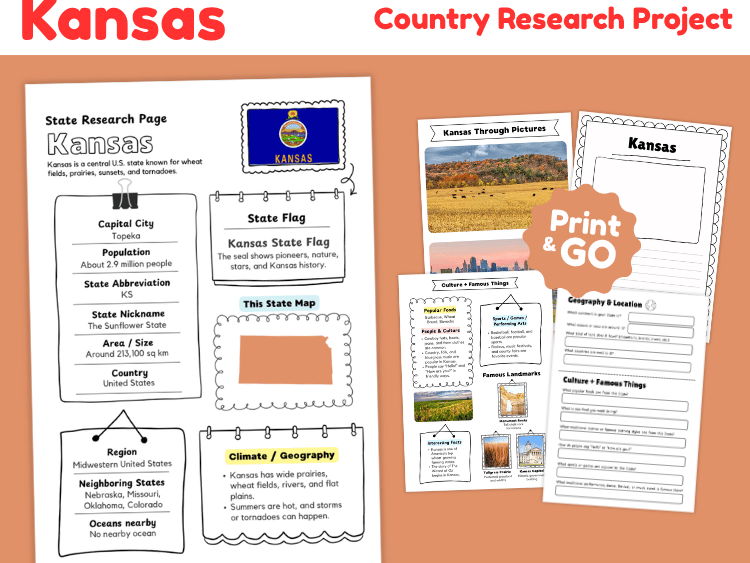Kansas State Research Project | US Geography & State Study Worksheets