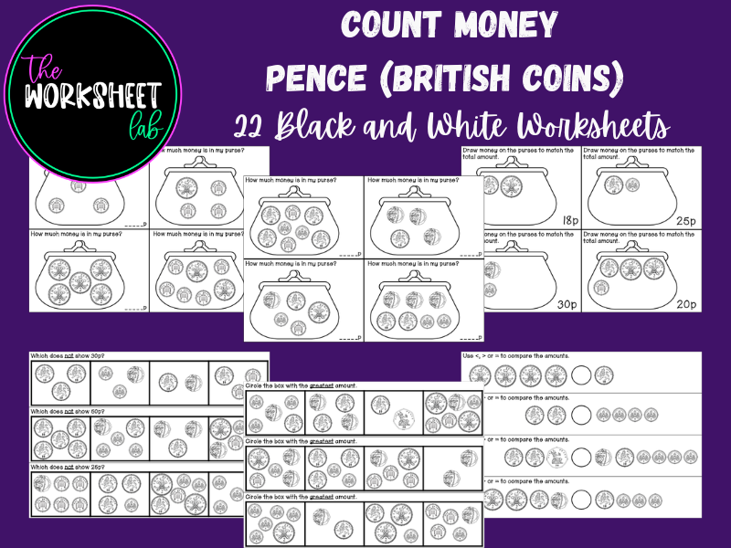 Count Money - Pence (British Coins) Worksheets in Black and White