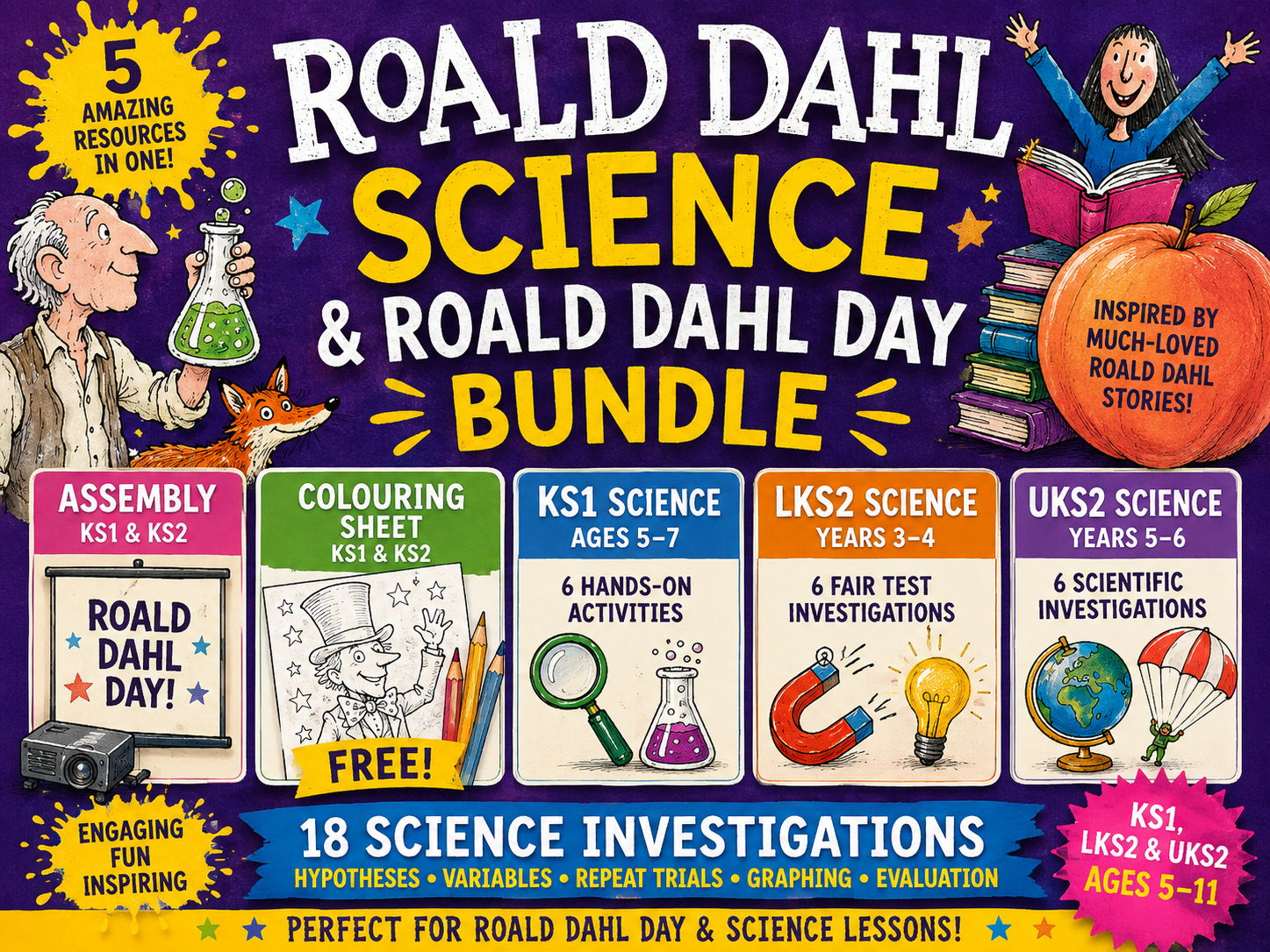 Roald Dahl Day & Science Bundle | Assembly, Colouring & 18 Experiments | KS1 & KS2