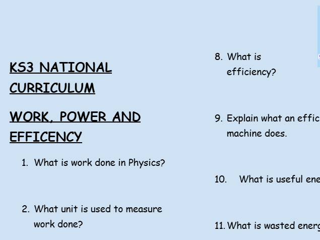 KS3 Physics: Work, Power and Efficiency – 30 Question Retrieval Worksheet