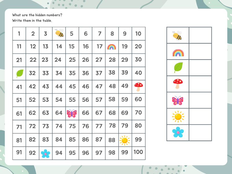 Nature missing numbers to 20, 50 and 100 worksheets