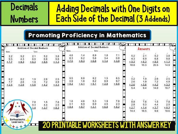Adding Decimals Worksheets (Tenths, 3 Addends) Math Problems