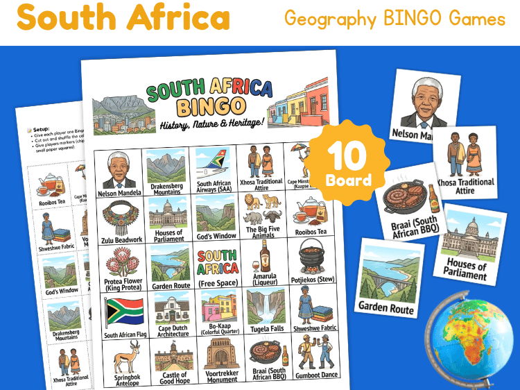 South Africa Geography Bingo | Country Study Printable Game