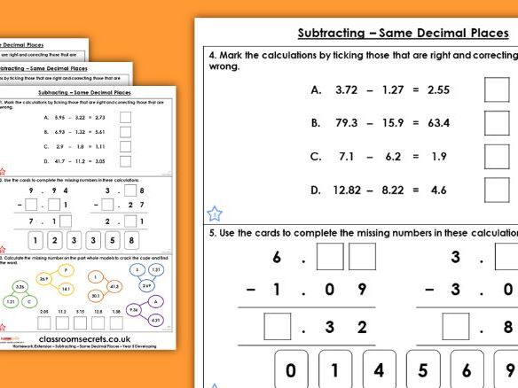 Subtracting decimals worksheet with answers picture