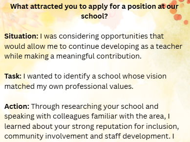 Interview questions based on school fit, aspirations and the wider role