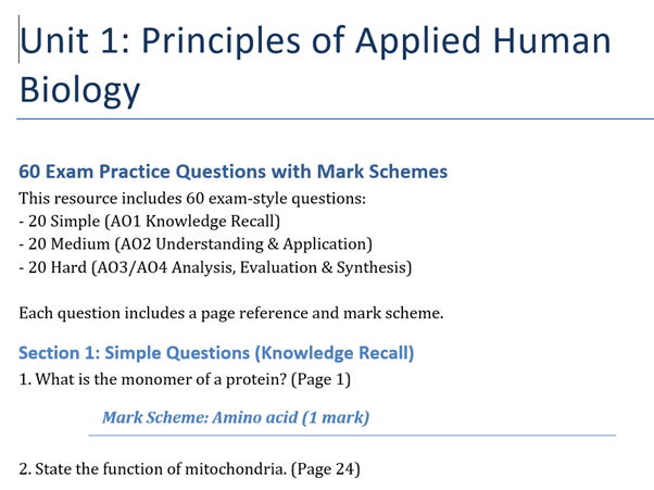 Level 3 BTEC Human Biology Unit 1 Revision (Pearson)