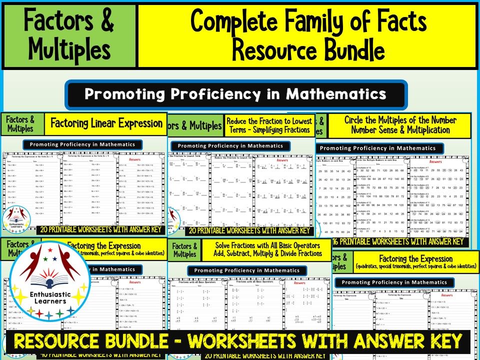 FACTORS & MULTIPLES in Algebra Worksheets Products or Resource BUNDLE for GRADE 7–10