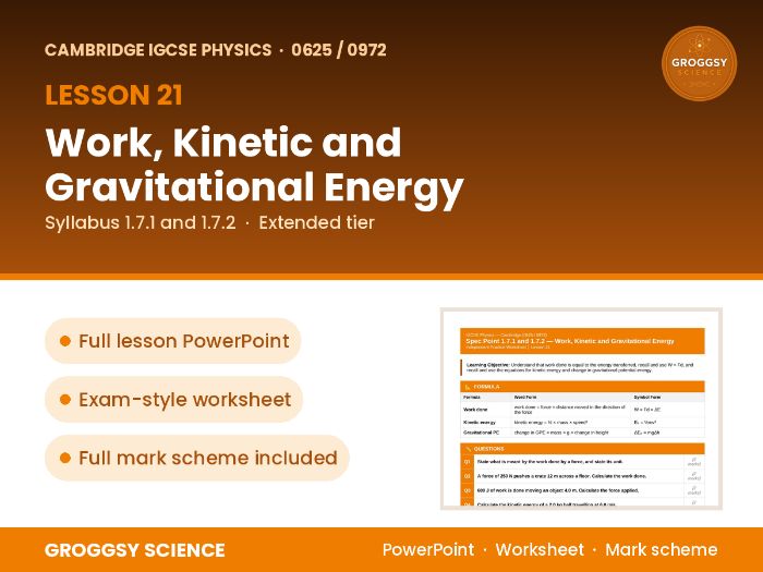 Cambridge IGCSE Physics 0625: Work, Kinetic and Gravitational Energy | Unit 1 | L21