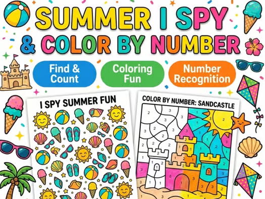 Summer activities, color by number, I Spy, end of year math, summer school