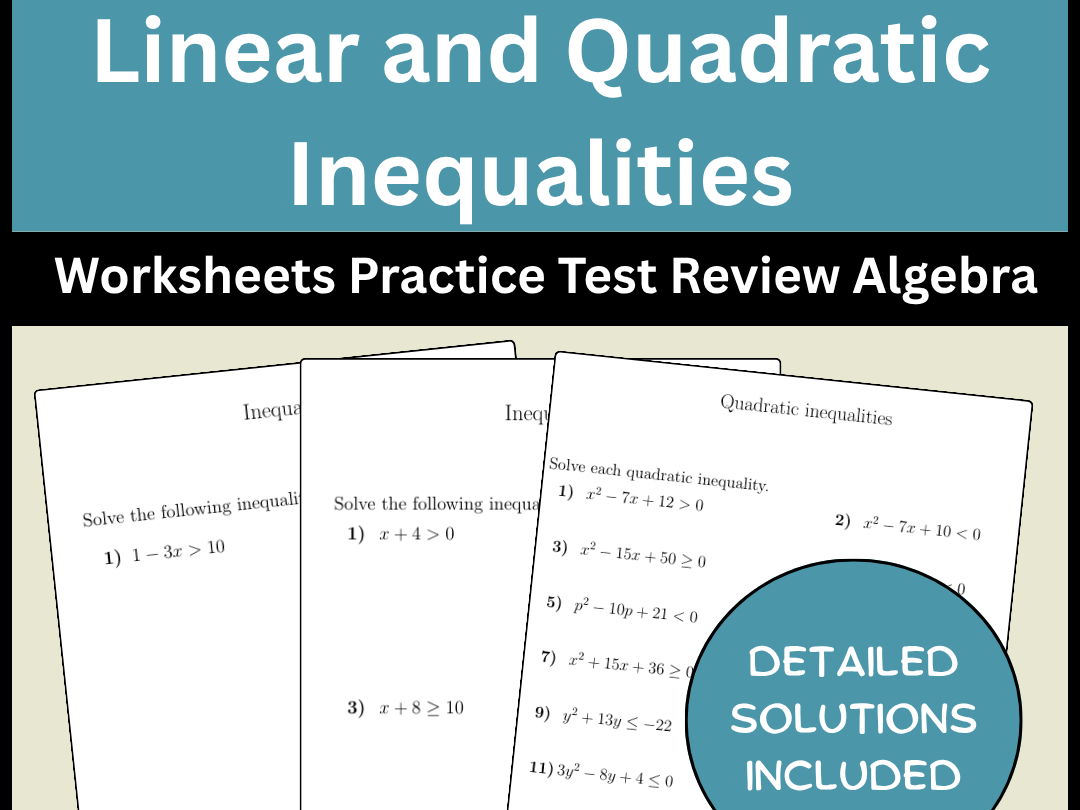 Linear and Quadratic Inequalities Worksheets Practice Test Review Algebra