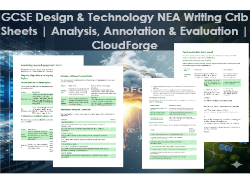GCSE Design & Technology NEA Writing Crib Sheets | Analysis, Annotation & Evaluation | CloudForge