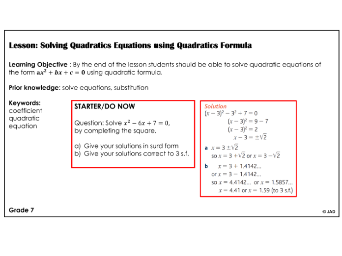 Quadratic Formula PP and Worksheet IGCSE/GCSE (1-9) with Answers