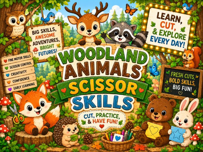 Woodland Animals Scissor Skills Worksheets | Cutting Practice & Fine Motor Activities | Preschool–1