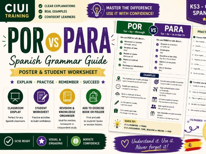 Spanish Por and Para | Grammar Poster & Student Worksheet | GCSE Spanish | KS3 | Classroom Display
