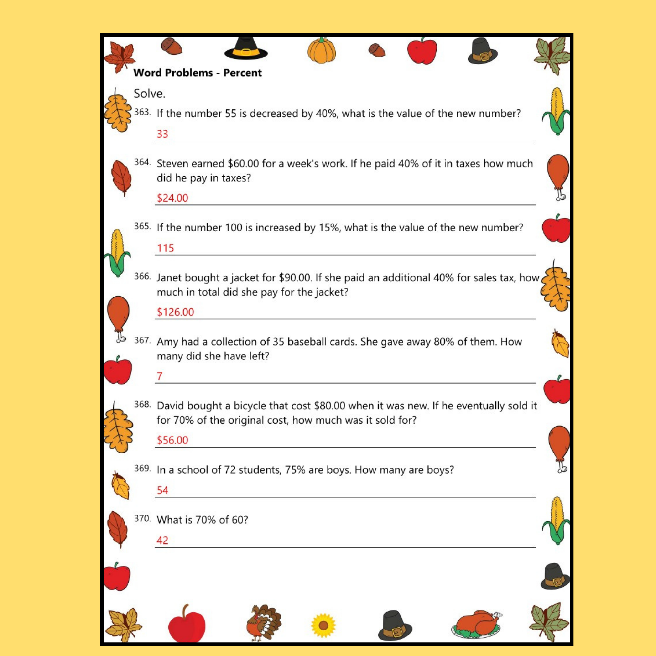 Thanksgiving Ratio and Percent 20 Worksheets | Math Practice PDF ...