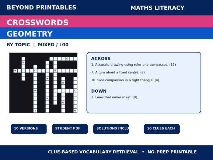 Maths Literacy Crosswords: Geometry | 10 Puzzles + Solutions