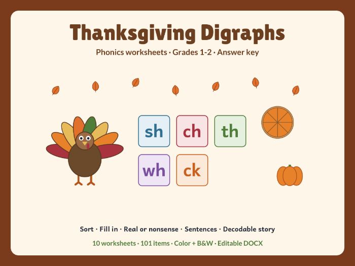 Thanksgiving digraphs phonics worksheets Grades 1-2 sh ch th
