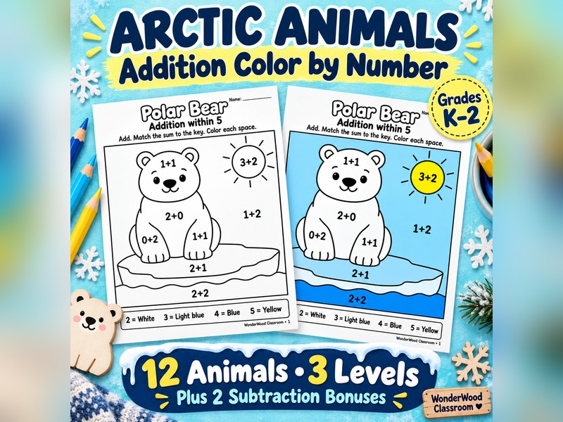 Arctic Animals Addition Color by Number K-2