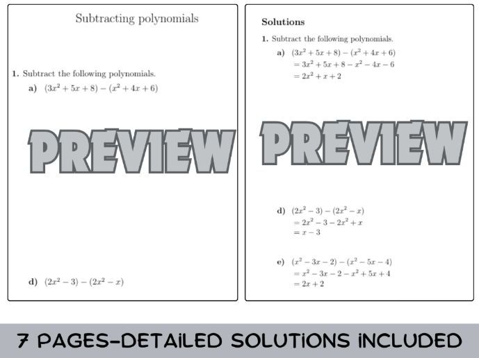 Subtracting Polynomials Worksheet Practice Combining Like Terms Algebra Key