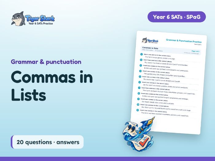 Commas in Lists Worksheet: Year 6 SATs SPaG
