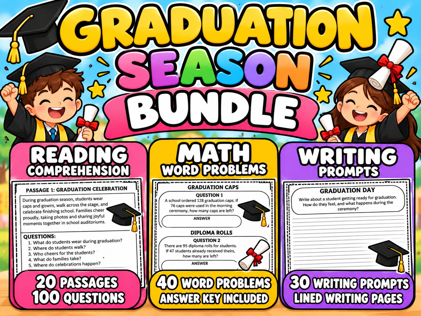 Graduation Season Bundle | Reading Comprehension, Math & Writing Activities