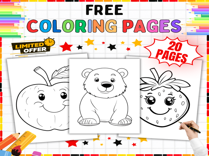 Free Colouring Pages | 20 Cute Characters & Food Designs | Printable Art Activities Bundle