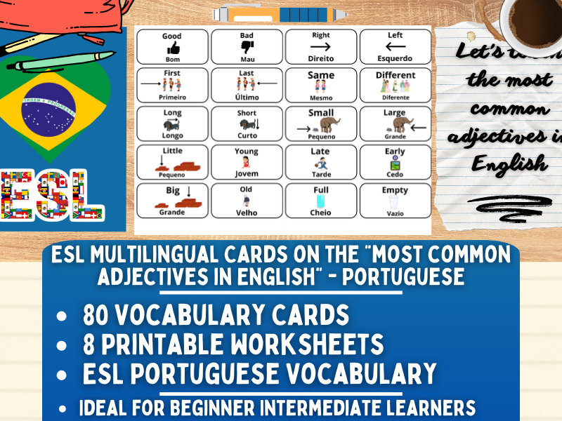 ESL Multilingual Vocabulary Flashcards - Most Common Adjectives - Portuguese