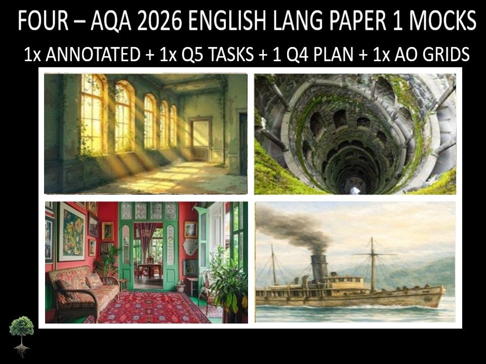 Four AQA 2026 English Language Paper 1 Mocks + Annotated, Q5 Tasks, Q4 Plan, AO Grids