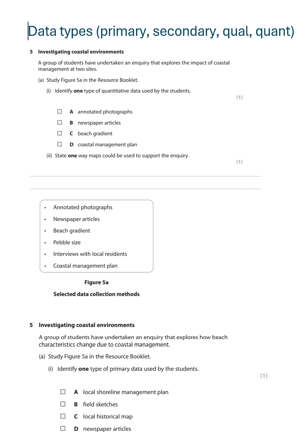 Edexcel IGCSE- Investigating Coastal Environments exam questions and ...