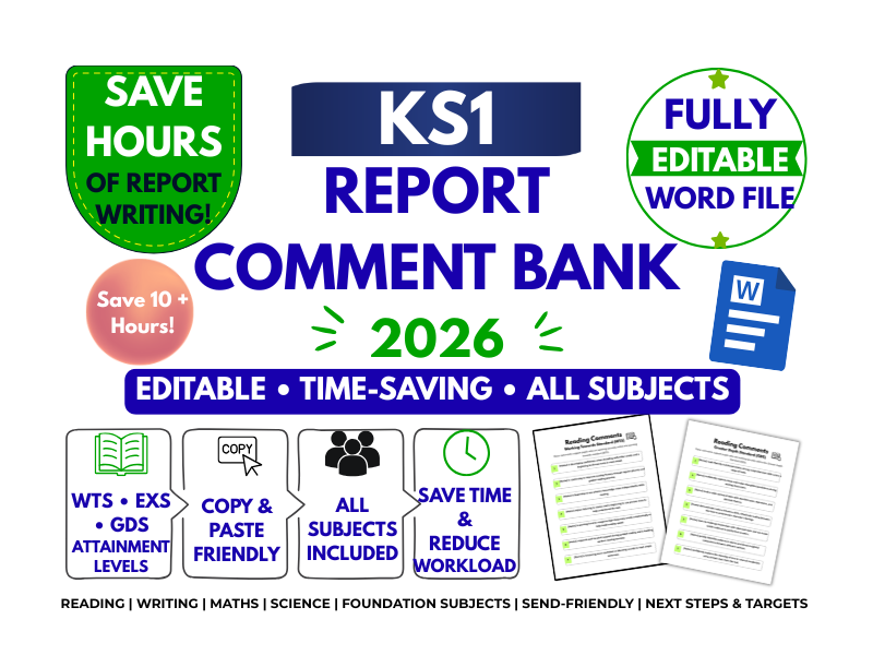 KS1 Report Comment Bank 2026 | Editable End of Year Reports | WTS EXS GDS | All Subjects