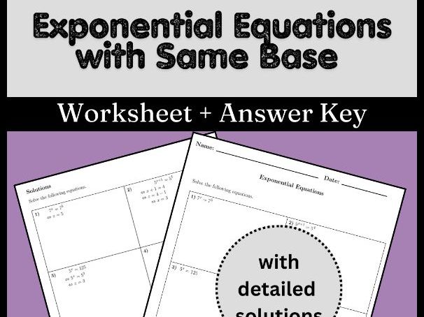 Exponential Equations with Same Base Worksheet + Answer Key