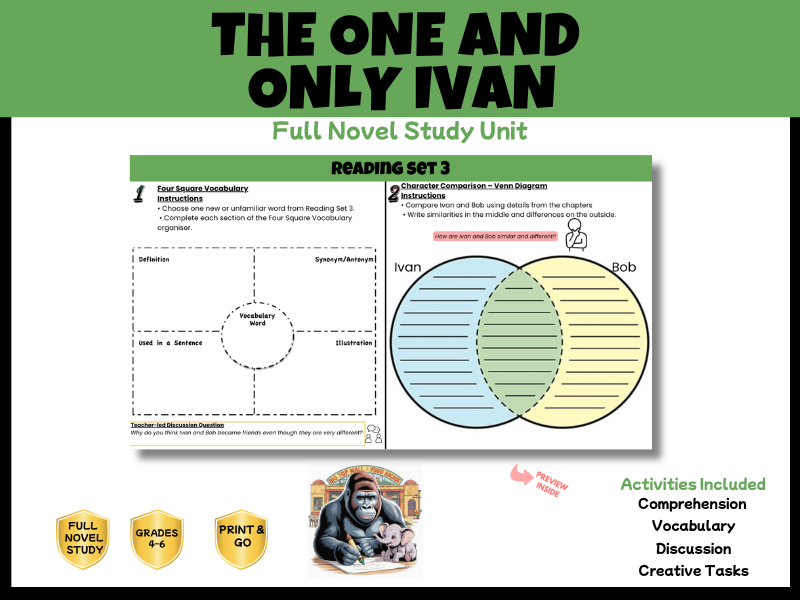 The One and Only Ivan Full Novel Study & Reading Comprehension Bundle | KS2 KS3 Years 4-7