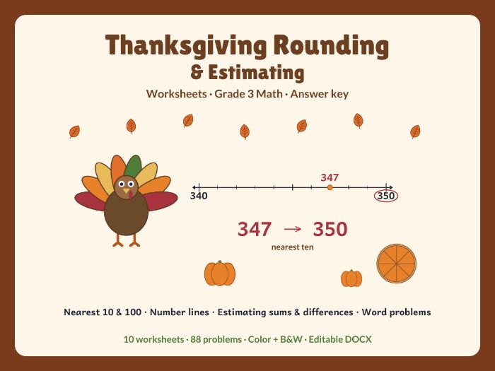 Thanksgiving rounding worksheets Grade 3 nearest 10 and 100
