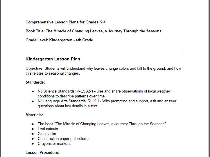 Comprehensive Lesson Plans for Grades K-4: The Miracle of Changing Leaves