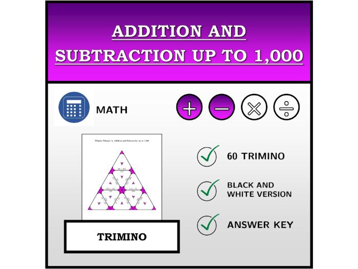 Trimino | Addition and Subtraction up to 1,000 | Math Activity