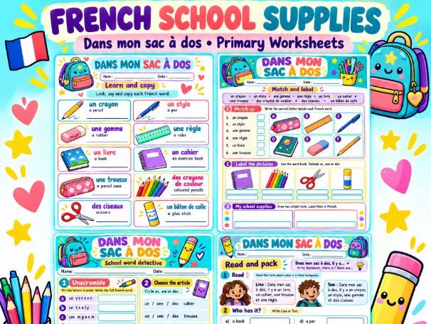 French School Supplies Worksheets + Answers | Dans mon sac à dos | Primary French