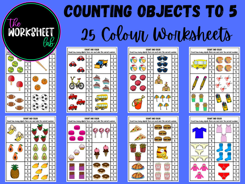 Counting Objects to 5 Worksheets in Colour