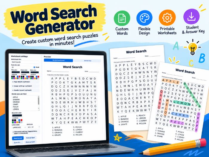 Printable Word Search Generator | Custom Worksheets & Answer Keys