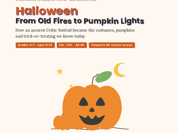 Halloween ESL Lesson | History Reading, Taboo Game, Comic Project | Grades 4-7