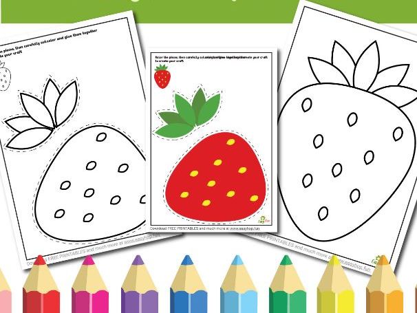 Strawberry Art & Craft Printable Pack | Cut, Color, and Glue Activity for Kids | 3-Pages