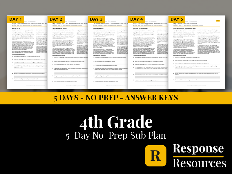 4th Grade Emergency Sub Plans - 5 Days No Prep All Subjects Print and Go