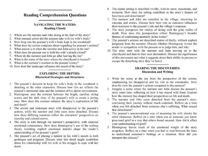 An Alpine Idyll by Ernest Hemingway with Reading Comprehension Questions